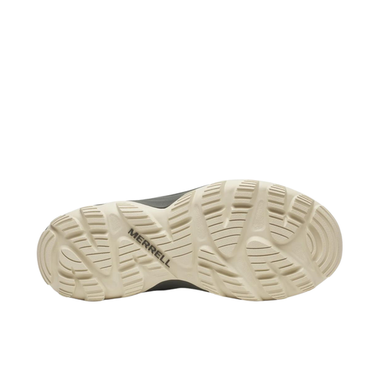 The bottom sole of a Merrell shoe, featuring a textured off-white rubber tread with the Merrell brand name printed in black.
