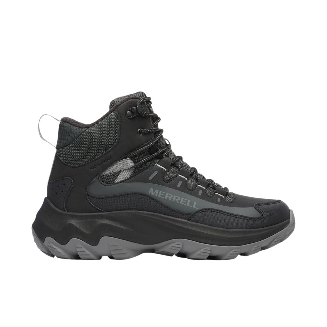 Black and gray hiking boot with Merrell branding on a white background