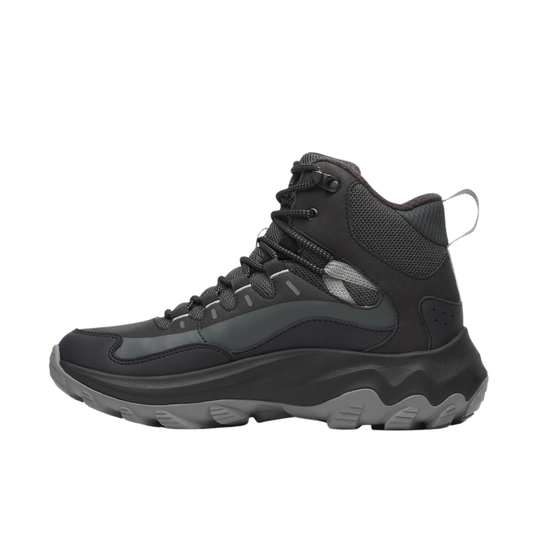 Black and gray hiking boot with Merrell branding on a white background