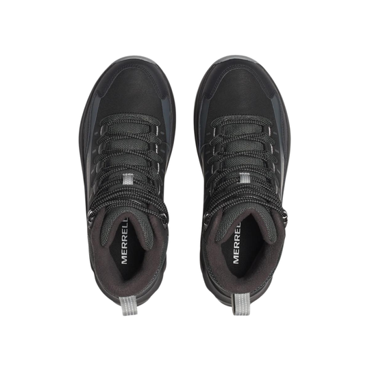 A pair of Merrell black mid-height hiking boots shown from a top-down view on a solid white background.