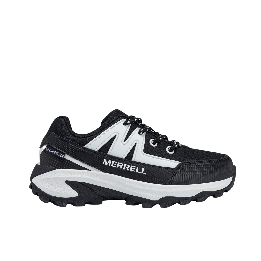 A black and white Merrell athletic shoe shown from the side profile on a solid white background.