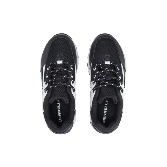 Black and white Merrell sneakers on a white background