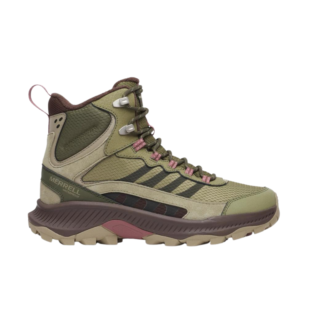 A Merrell mid-cut hiking boot in olive green, tan, and brown, featuring pink laces, shown from a side profile on a white background.