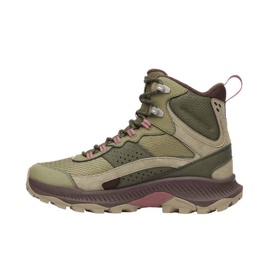 A mid-top hiking boot in olive green, tan, and brown with pink laces, shown from a side profile on a white background.