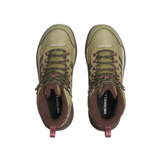 A pair of Merrell hiking boots in olive green and brown, viewed from a top-down angle on a white background.
