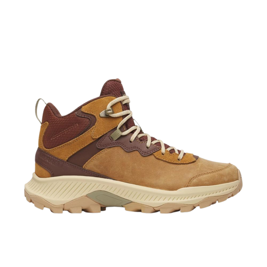 A mid-top hiking boot in tan suede and brown leather with cream laces and a chunky cream midsole, shown from the side on a white background.
