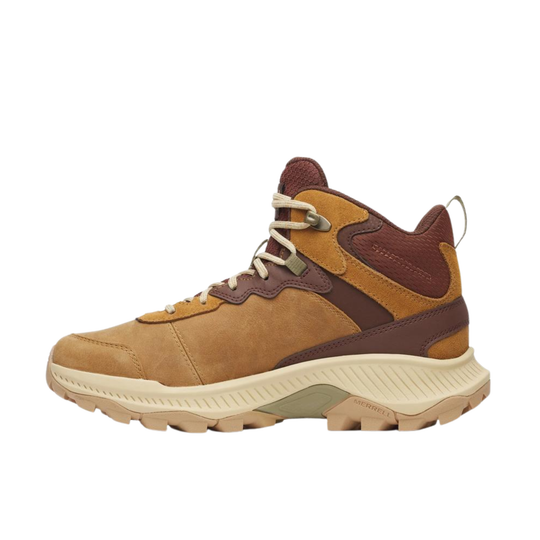 A mid-top hiking boot in tan suede and brown leather with cream laces and a chunky cream midsole, shown from the side on a white background.