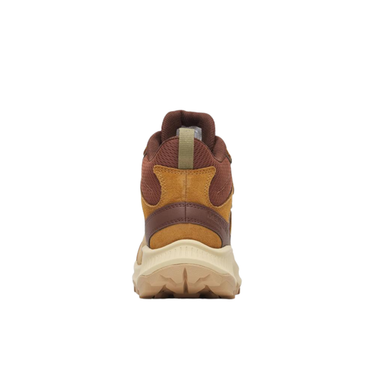 A single brown and tan athletic shoe shown from the back on a solid white background.