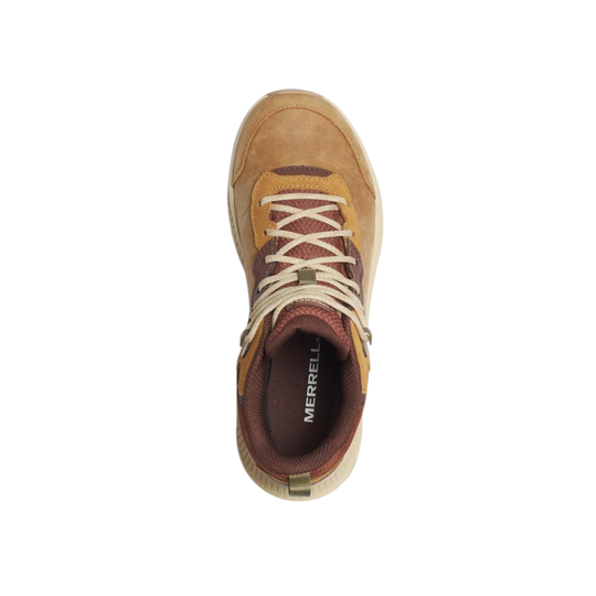 A single Merrell hiking boot shown from a top-down view, featuring a tan suede upper, brown laces, and a dark brown interior with the Merrell brand name visible.