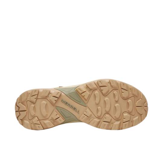 A top-down view of a tan and beige hiking shoe sole, showing the tread pattern and the embossed 'merrell' brand name on a clean white background.
