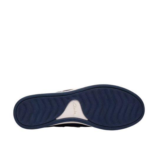 bottom blue sole with clarks logo. on a plain white background.