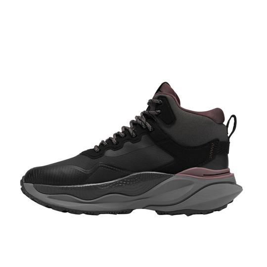 left side of black mid trail boot on white background