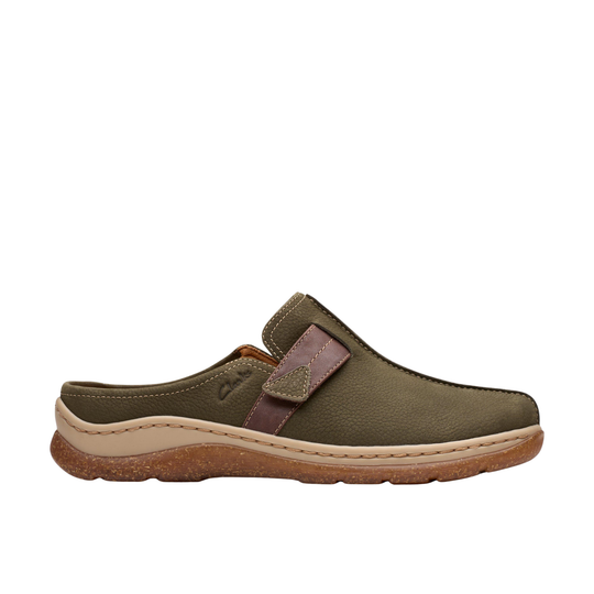 An olive green slip-on clog shoe with a brown strap detail and a beige midsole, shown from a side profile on a white background.