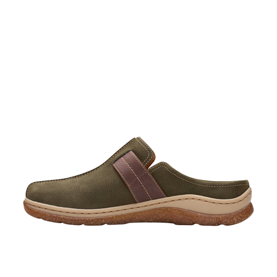 An olive green slip-on clog shoe with a brown leather strap and a beige midsole, shown in a side profile on a white background.