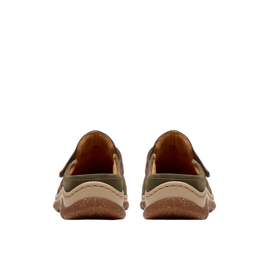 A pair of women's slip-on shoes shown from the back, featuring olive green uppers, a tan midsole, and a brown textured outsole.