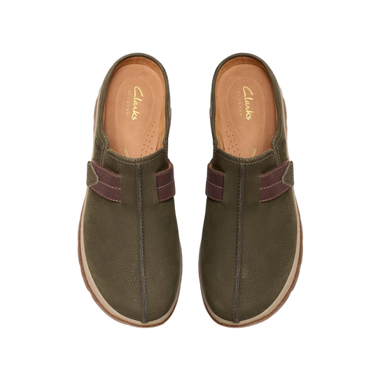 A pair of Clarks slip-on clogs in olive green suede with dark burgundy leather straps and tan soles, shown from a top-down view on a white background.