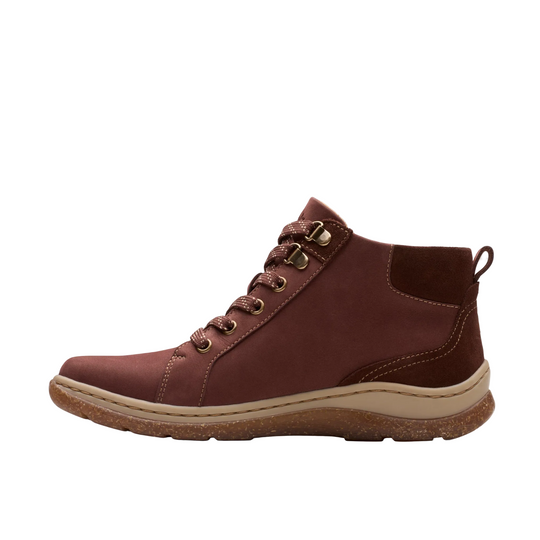 A single mid-calf lace-up shoe in a deep burgundy brown, featuring a suede-like upper, matching laces, a pull tab, and a beige midsole with a brown outsole, shown from a side profile on a white background.