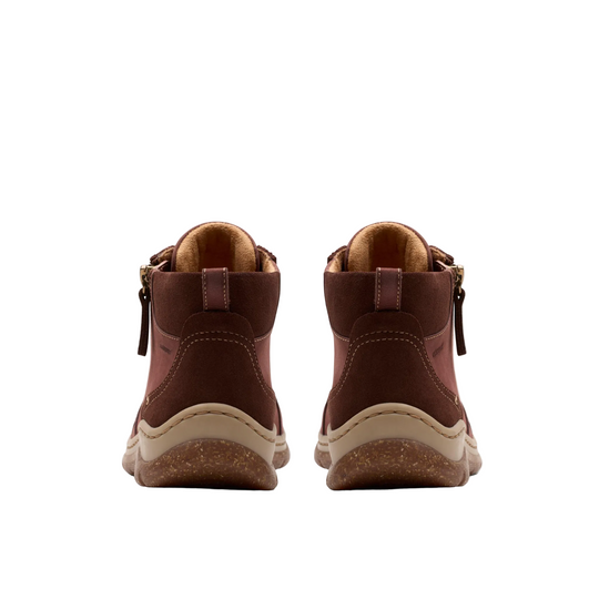 A pair of dark brown ankle boots shown from the back, featuring a side zipper, tan lining, and a textured beige and brown sole, set against a plain white background.
