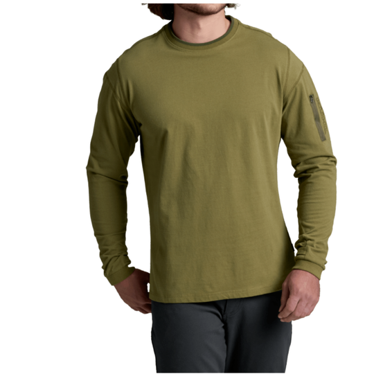 A man wearing a long-sleeve crewneck shirt in olive green, paired with dark gray pants, shown from the side against a plain white background.