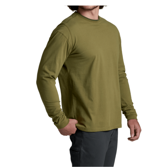 A man wearing a long-sleeve crewneck shirt in olive green, paired with dark gray pants, shown from the side against a plain white background.
