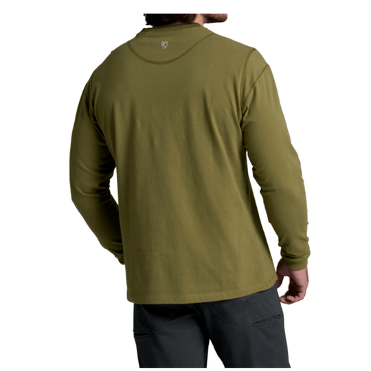 A man wearing an olive green long-sleeve performance shirt, shown from the back against a plain white background.