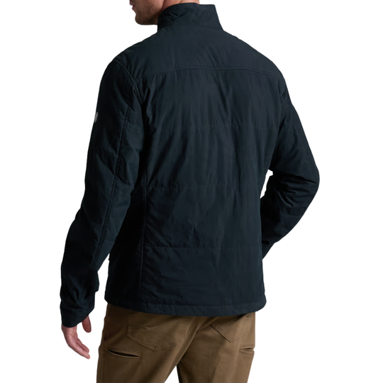 A man wearing a black zip-up puffer jacket, shown from the back against a plain white background.