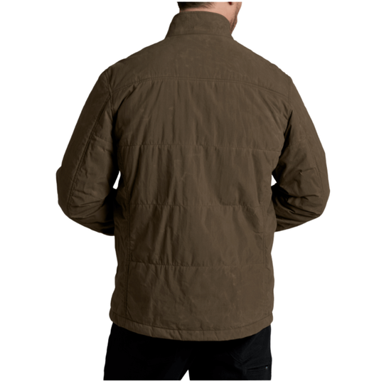 A man wearing a brown quilted jacket, viewed from the back against a plain white background.