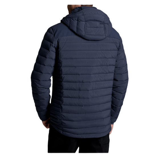 A man wearing a navy blue hooded puffer jacket, shown from the back against a plain white background.