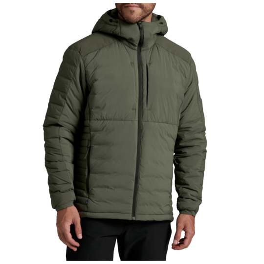 An olive green hooded puffer jacket worn by a model, shown from the chin down against a plain white background.