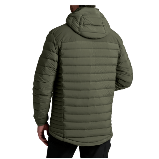 A man wearing a hooded puffer jacket, shown from the back. The jacket is olive green with horizontal quilting and a high padded collar.