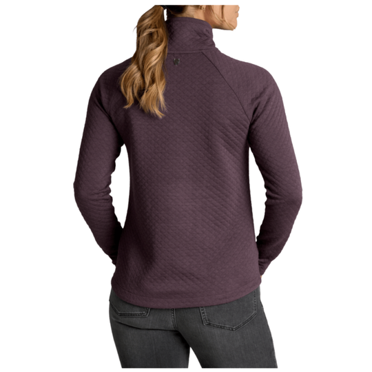 A woman wearing a dark plum purple quilted quarter-zip fleece pullover, shown from the back against a plain white background.
