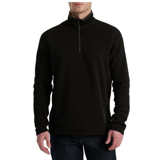 A man wearing a black long-sleeve quarter-zip pullover sweater, shown from the chin down against a plain white background.