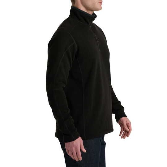 A man wearing a black quarter-zip fleece pullover sweater, shown from a side profile view against a plain white background.