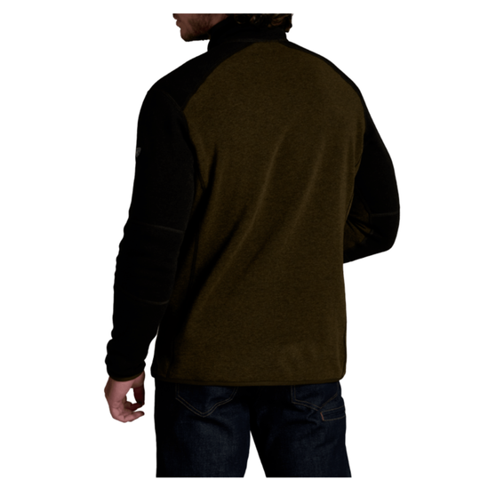 A man wearing a dark olive green and black long-sleeve quarter-zip pullover, shown from the back against a plain white background.