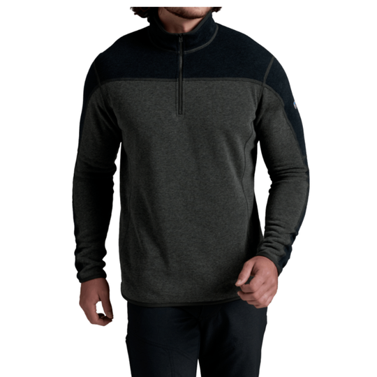 A man wearing a dark gray and black quarter-zip fleece pullover sweater, shown from the chin down against a plain white background.