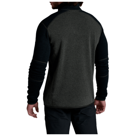 A man wearing a dark heather gray and black quarter-zip fleece pullover, shown from the back against a plain white background.