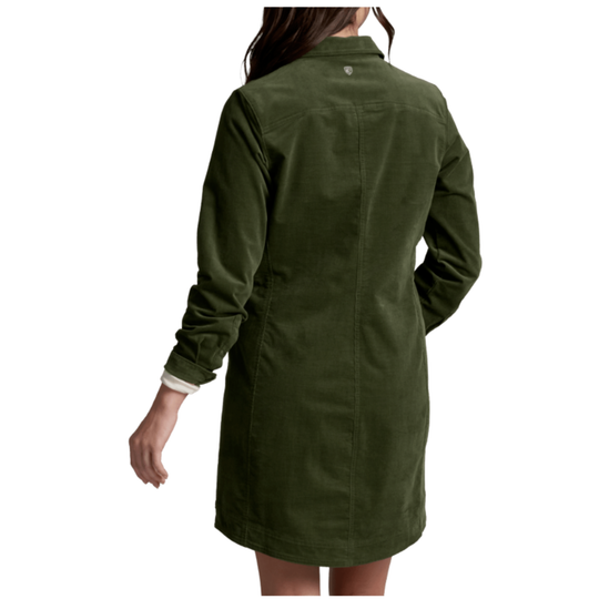 A woman wearing an olive green corduroy shirt dress, shown from the back against a plain white background.