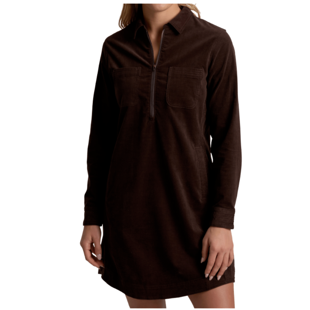 A woman wearing a dark brown corduroy shirt dress with a half-zip collar and chest pockets, shown against a plain white background.