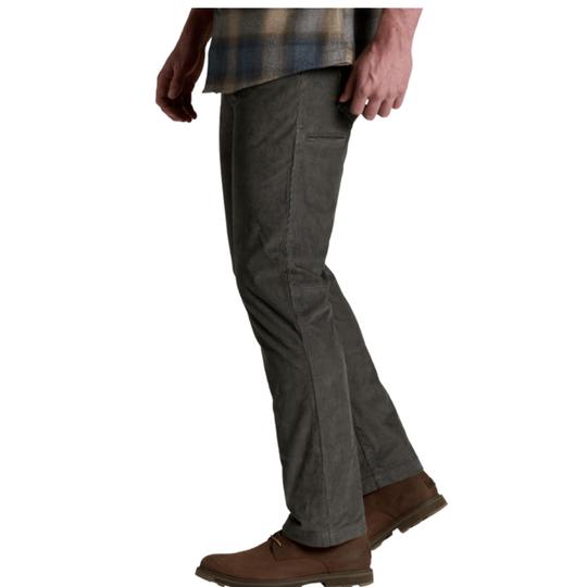 A side profile view of a person wearing dark gray straight-leg pants, a plaid shirt, and brown boots against a plain white background.