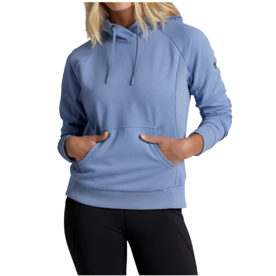 A woman wearing a heathered light blue pullover hoodie with drawstrings and a front kangaroo pocket, paired with black leggings, shown against a plain white background.