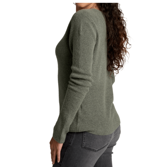 A woman wearing a ribbed knit long-sleeve sweater in olive green, shown from a side-back angle against a plain white background.
