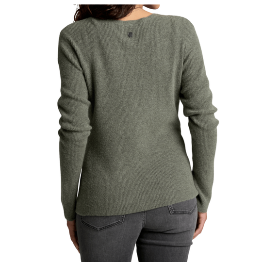 A woman wearing a ribbed knit sweater in a muted sage green color, shown from the back against a plain white background.