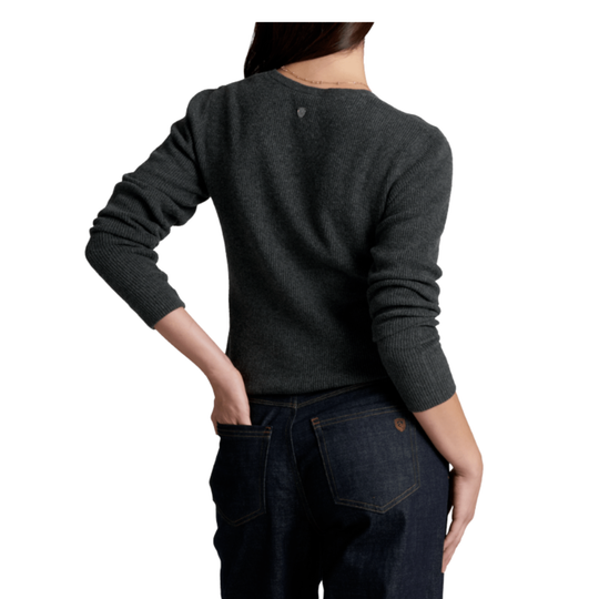 A woman shown from the back wearing a dark charcoal gray knit sweater and dark blue jeans against a plain white background.