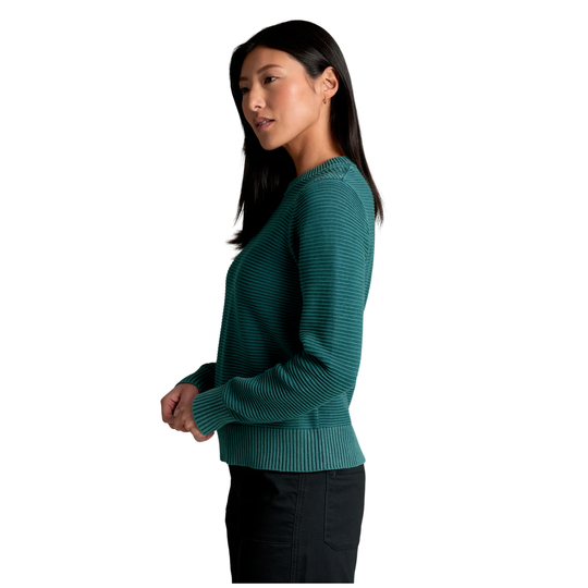A woman shown in side profile wearing a dark teal ribbed knit sweater and black pants against a plain white background.