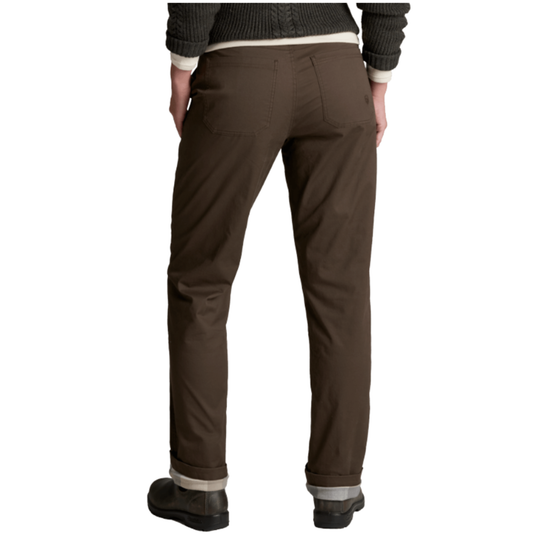 Rear view of a person wearing dark brown straight-leg pants with a ribbed knit sweater and black shoes, shown against a plain white background.