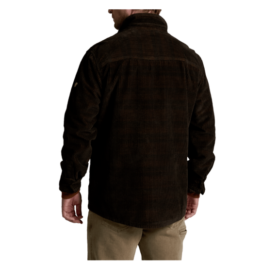 A man wearing a dark brown corduroy button-up shirt jacket, shown from the back against a plain white background.