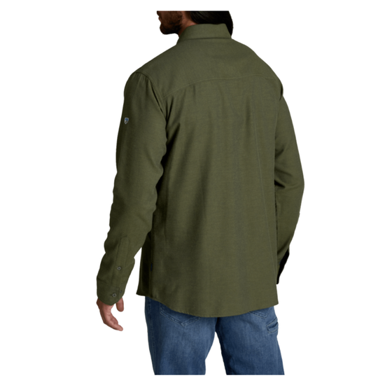 A man wearing an olive green long-sleeve button-up shirt, shown from the back against a plain white background.