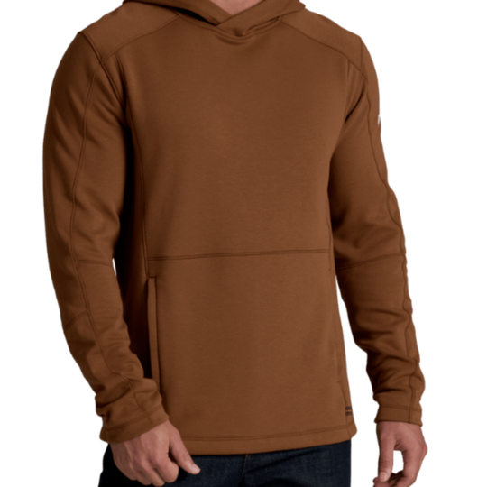A man wearing a brown hooded sweatshirt with a kangaroo pocket, shown from the neck down against a plain white background.