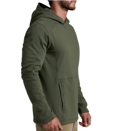 A man wearing an olive green hooded sweatshirt, shown from a side profile against a plain white background.