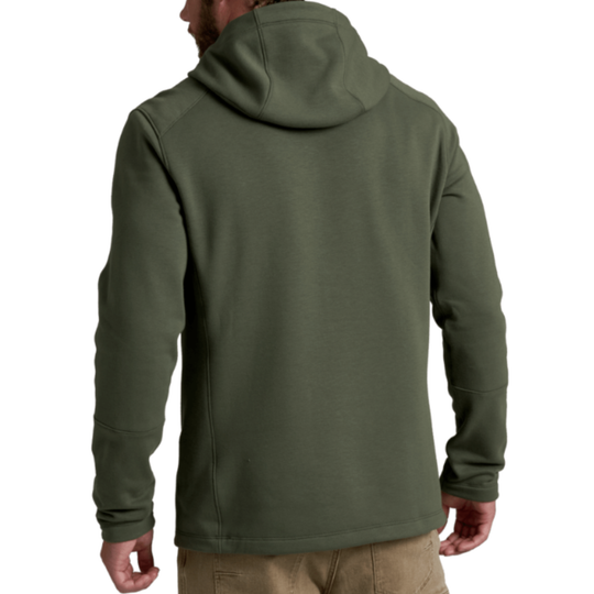 A man wearing an olive green hooded sweatshirt, shown from the back against a plain white background.